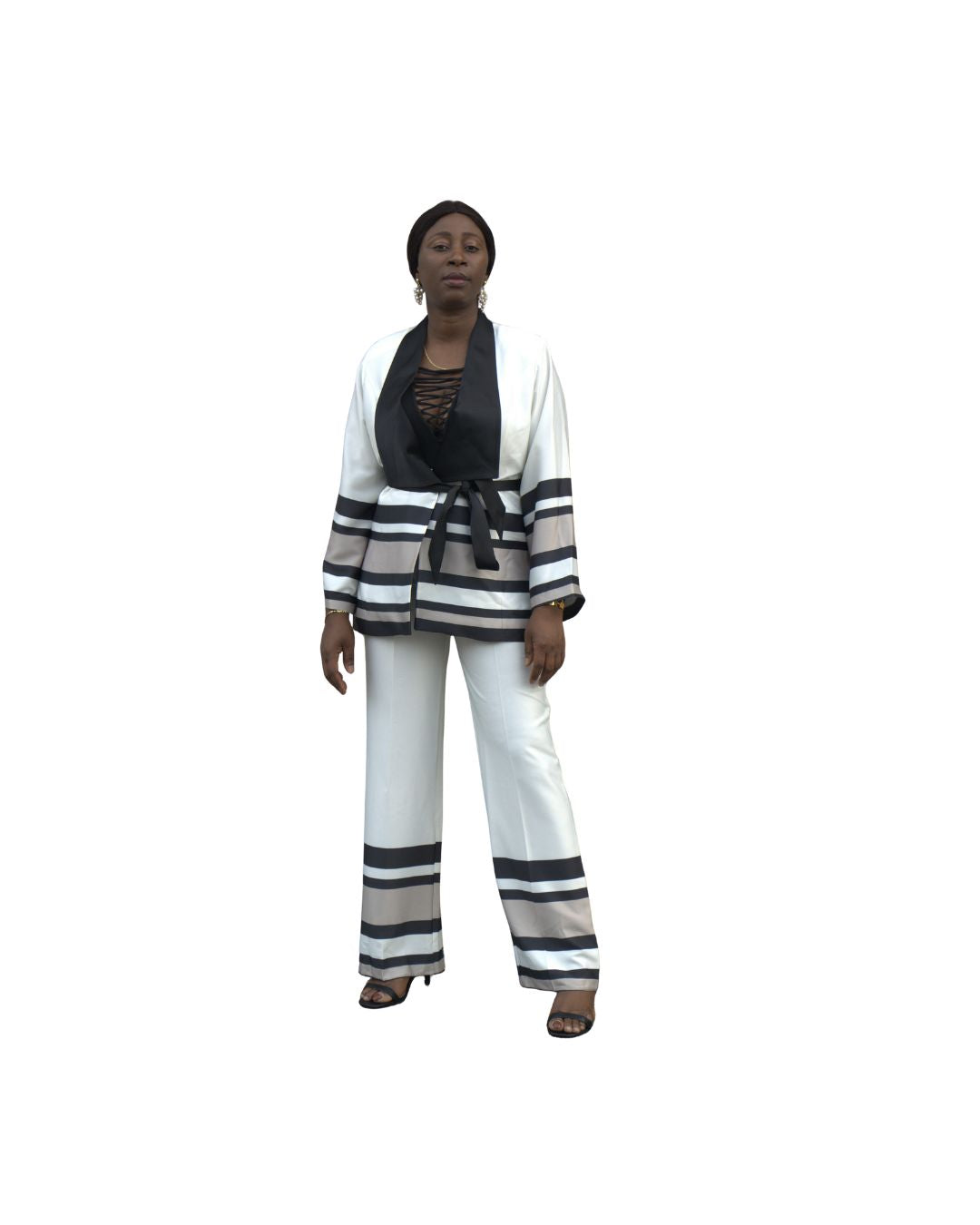 Ensemble chic veste et pantalon blanc à rayures