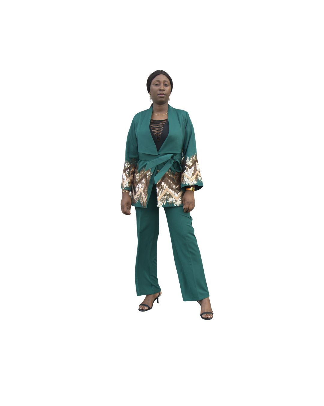 Ensemble élégant veste et pantalon vert émeraude à sequins