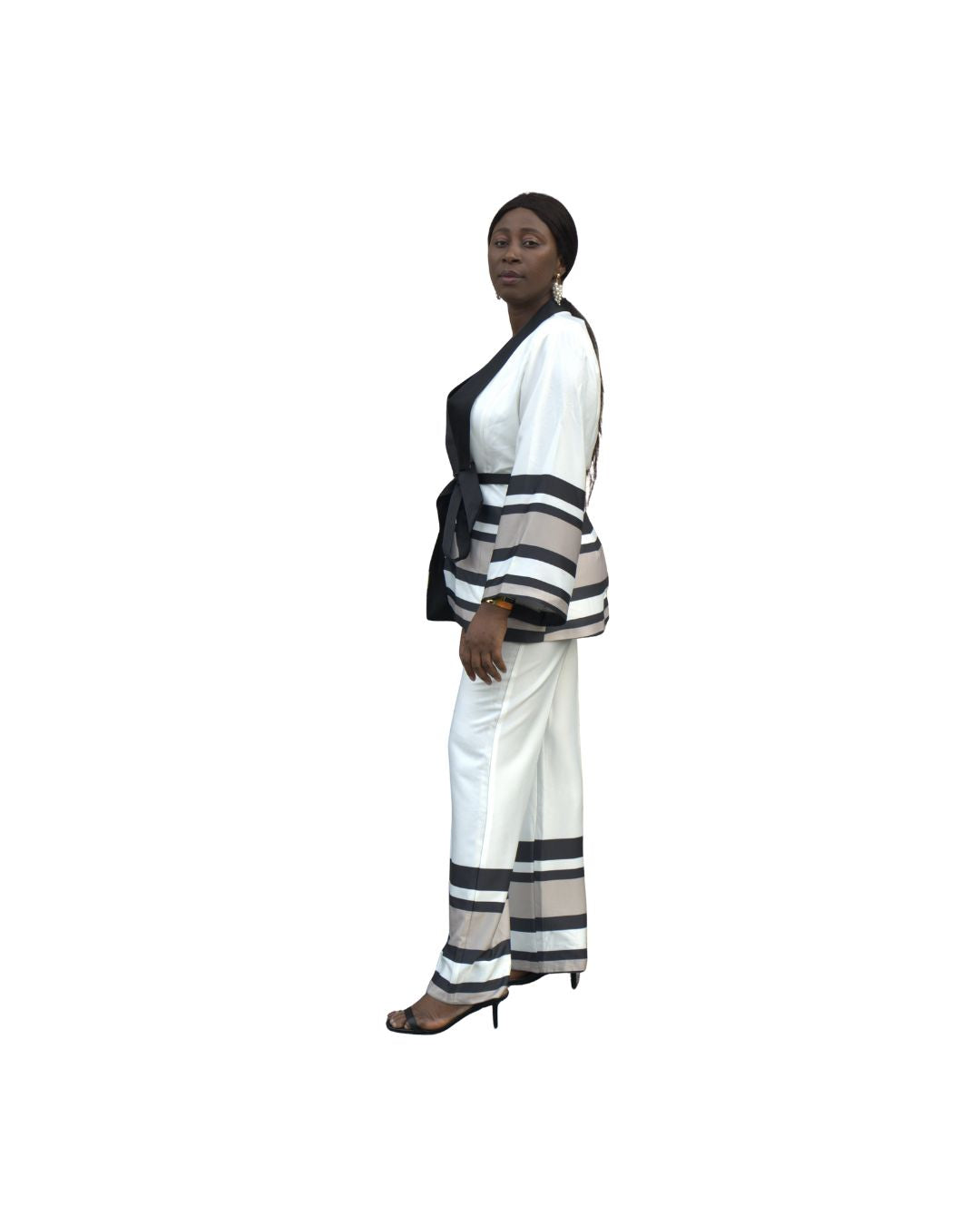 Ensemble chic veste et pantalon blanc à rayures