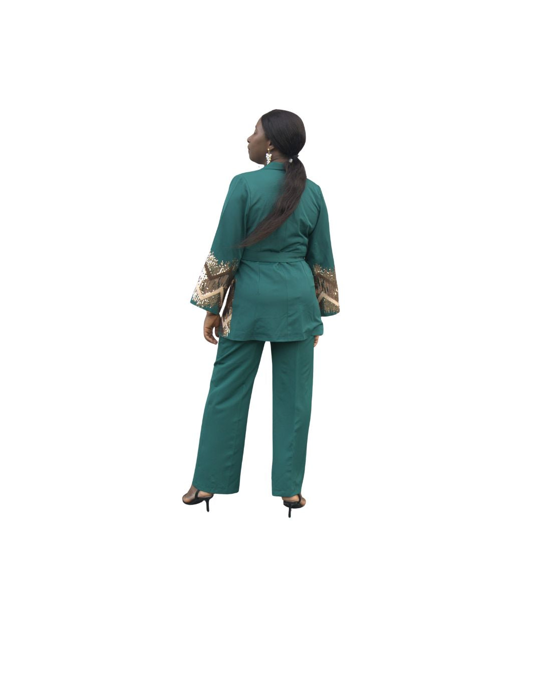 Ensemble élégant veste et pantalon vert émeraude à sequins