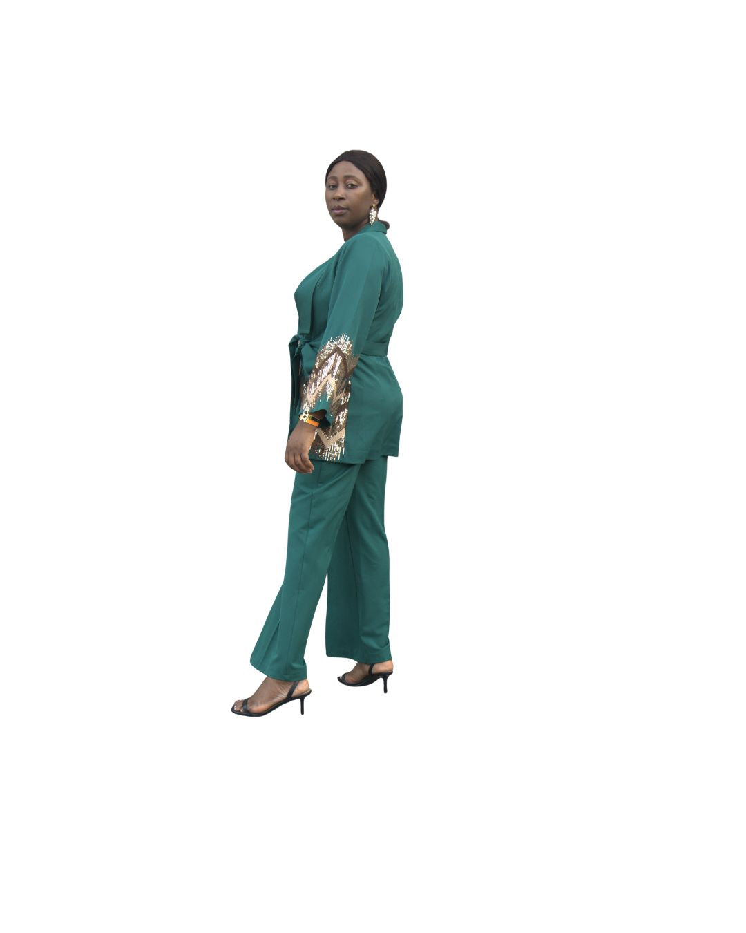 Ensemble élégant veste et pantalon vert émeraude à sequins