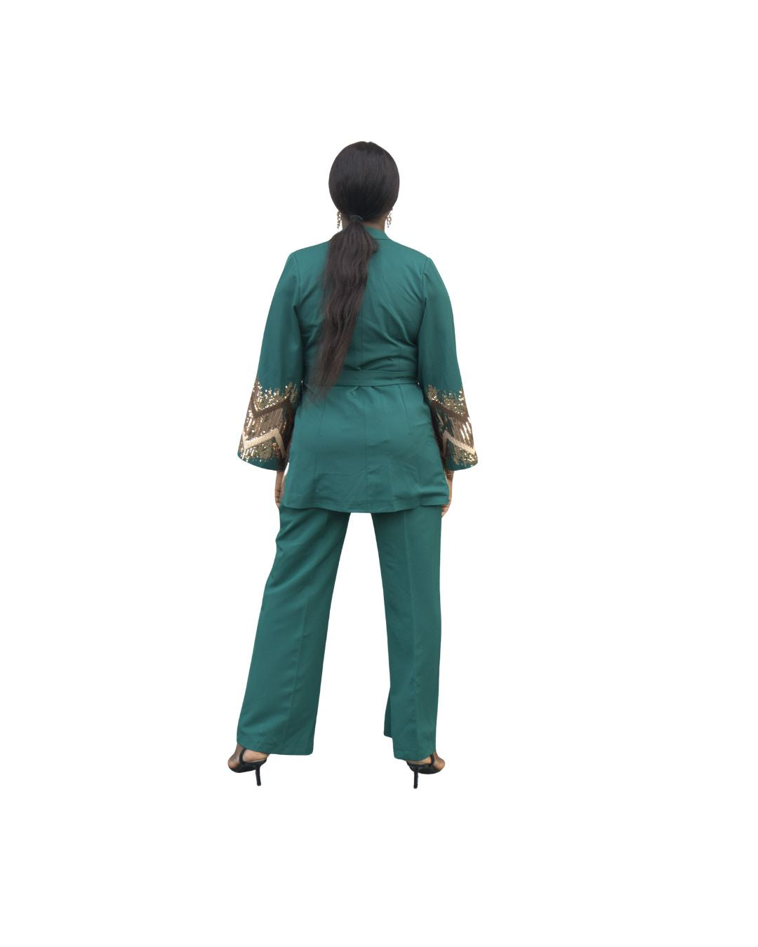 Ensemble élégant veste et pantalon vert émeraude à sequins