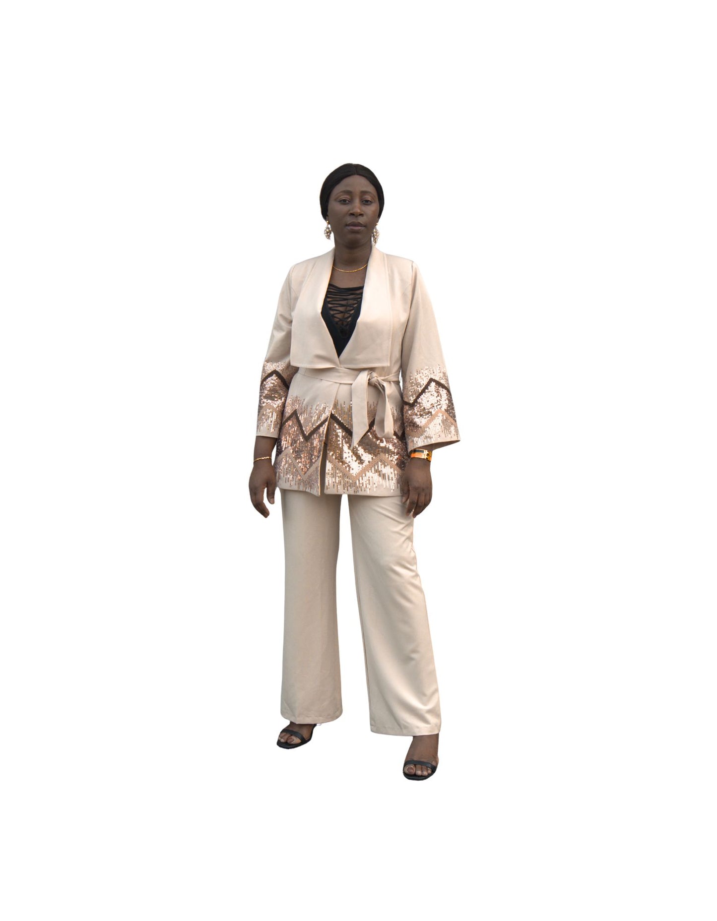Ensemble élégant veste et pantalon beige à sequins